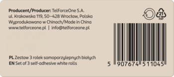 Tył etykiety opakowania: zestaw 3 białych rolek samoprzylepnych. Producent TeForceOne, kod kreskowy i symbole recyklingu.