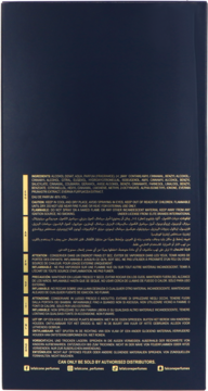 Tył ciemnego opakowania perfum Le Falcone Risala Autograph 100ml, z białymi napisami: składniki i ostrzeżenia.