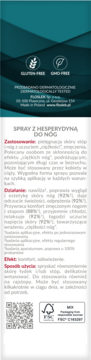 Tył opakowania sprayu Floslek Podology Care z hesperydyną do nóg. Opis, certyfikaty Gluten-Free, GMO-Free, FSC.