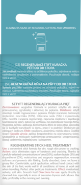 Turkusowe opakowanie sztyftu regenerującego do pięt, przód. Eliminuje rogowacenie, zmiękcza i wygładza.