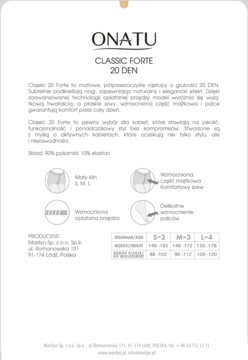 Biała ulotka ONATU Classic Forte 20 DEN z opisem rajstop, ikonami cech i tabelą rozmiarów.