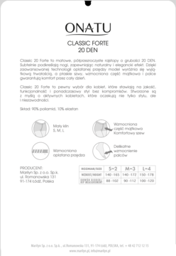 Tył opakowania rajstop ONATU Classic Forte 20 DEN, matowych, z tabelą rozmiarów i opisem cech produktu.
