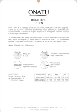 Broszura rajstop ONATU Bikini Forte 15 DEN: opis produktu, cechy (koronkowa góra), tabela rozmiarów.