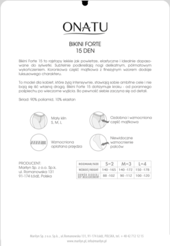 Tylna strona opakowania rajstop ONATU Bikini Forte 15 DEN z opisem produktu, ilustracjami cech i tabelą rozmiarów.