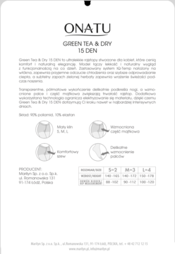 Biały tył opakowania rajstop ONATU Green Tea & Dry 15 DEN z opisem, składem, diagramami cech i tabelą rozmiarów.