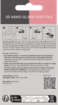 Opakowanie pilnika do stóp 3D Nano Glass, widok z przodu z instrukcją użycia i szczegółami produktu.