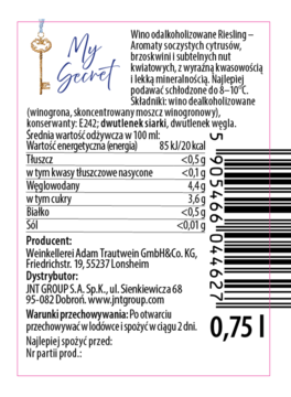 Tylna etykieta białego wina dealkoholizowanego My Secret Riesling, z kodem kreskowym i wartościami odżywczymi.