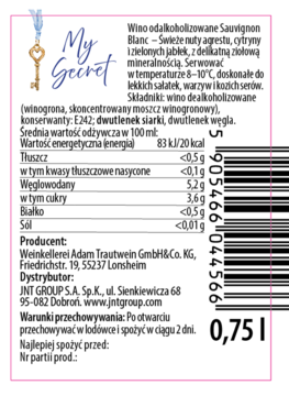Etykieta wina bezalkoholowego My Secret Sauvignon Blanc 0,75l, tył z czytelnym składem i wartościami odżywczymi.