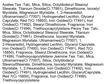 Zbliżenie na listę składników palety różów I’m Meme Afternoon Tea, biały tekst na ciemnym tle.