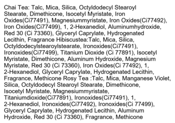 Zbliżenie na listę składników palety różów I’m Meme Afternoon Tea, odcienie Chai, Hibiscus, Rosy Tea.