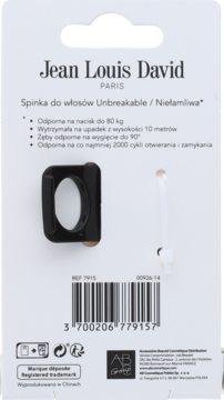 Tył opakowania czarnej spinki do włosów Jean Louis David Unbreakable, z listą cech wytrzymałościowych.