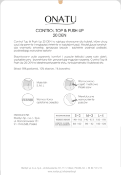 Biała ulotka ONATU Control Top & Push-Up 20 DEN z opisem rajstop modelujących, składem materiału i tabelą rozmiarów.