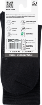 Czarna skarpetka SJ SOCKS, metka z tyłu opakowania: skład materiału (bawełna), informacja o polskiej produkcji.