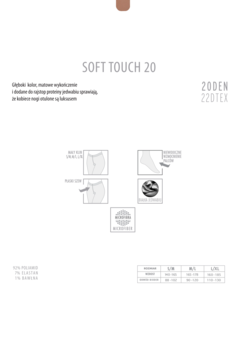 Białe opakowanie rajstop Soft Touch 20 DEN: matowe, półkryjące, z mikrofibry. Widok informacyjny z tabelą rozmiarów.