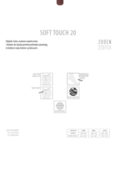 Karta produktu Soft Touch 20 DEN: matowe, półkryjące rajstopy z mikrofibry, diagramy cech i tabela rozmiarów.