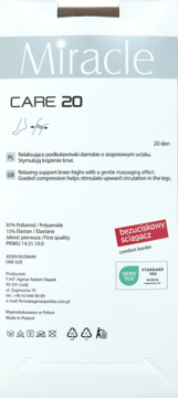 Białe opakowanie Miracle CARE 20 den: relaksujące podkolanówki uciskowe z komfortowym ściągaczem.