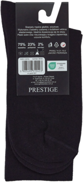 Złożone czarne skarpety męskie PRESTIGE z bawełny czesanej, widoczna etykieta ze składem i rozmiarem 39-42.