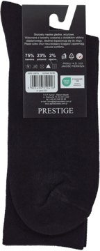 Tył czarnych skarpet męskich Prestige z bawełny czesanej, z metką pokazującą skład: 75% bawełny.