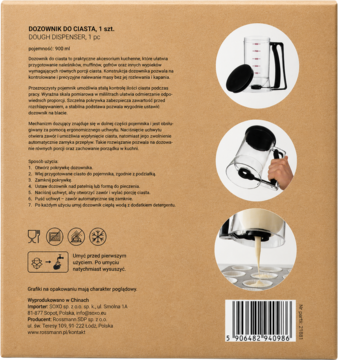 Tył brązowego opakowania Eloy Dozownik do Ciasta. Widoczne opisy, symbole, zdjęcia produktu i użycia.
