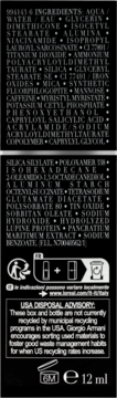 Tylna strona opakowania kosmetyku Giorgio Armani, czarnego z białymi napisami: skład, recykling, 12 ml, PAO 6M.