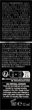 Tył opakowania Giorgio Armani 12 ml: lista składników, symbole recyklingu i instrukcje utylizacji w USA.