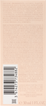 Tył opakowania perfum w beżowym odcieniu, z kodem kreskowym, listą składników i objętością 30 ml.