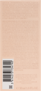 Tył opakowania perfum Giorgio Armani 50ml, z listą składników, kodem kreskowym, na bladoróżowym tle.