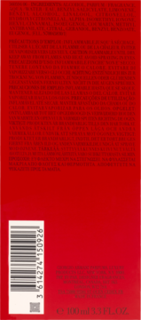 Tył czerwonego opakowania perfum, widoczne białe listy składników, ostrzeżeń, kod kreskowy i pojemność 100ml.