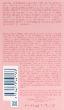 Tył butelki perfum Giorgio Armani 90ml. Różowa etykieta z listą składników, ostrzeżeniami i kodem EAN.