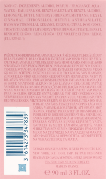 Tył różowego opakowania perfum Giorgio Armani, widoczne składniki, ostrzeżenia i pojemność 90 ml.