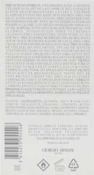 Tył opakowania perfum Giorgio Armani, z listą składników, ostrzeżeniami i kodem kreskowym, na beżowym tle.