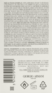 Tył opakowania perfum Giorgio Armani z instrukcjami w wielu językach, składem i symbolem 24M.