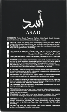 Czarny tył opakowania perfum ASAD z białym, szczegółowym opisem składników i ostrzeżeń w wielu językach.