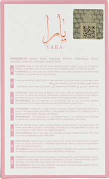 Tył różowego opakowania perfum YARA, biały tekst składników i ostrzeżeń, złote logo, hologram QR.