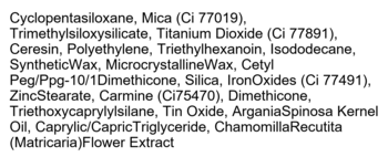 Zbliżenie na listę składników cienia I'm Meme Stick Shadow Shimmer: Mica, Iron Oxides, Dimethicone.