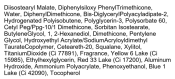 Lista składników aktywnych dla I’m Meme Lip Silhouette Gloss Tint w odcieniu Newtro Coral, zbliżenie tekstu.