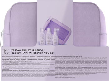 Tylne opakowanie fioletowej kosmetyczki NEBOA GLOSSY HAIR z miniaturowymi kosmetykami do włosów.