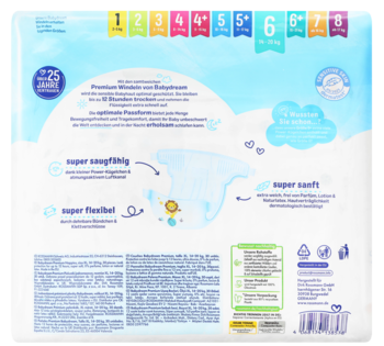 Tył opakowania pieluszek Pampers Premium Protection, rozmiar 6 (13-18 kg). Biało-błękitne, z opisem cech: super chłonne, miękkie i elastyczne.