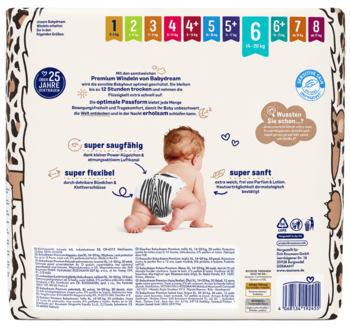 Tył beżowego opakowania pieluszek Babydream Premium rozmiar 6, z grafiką niemowlaka i leopardzimi wzorami.