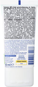 Tył białej tubki Sunozon MED Fluid SPF 50 do twarzy, z niemieckimi opisami, składnikami i recyklingiem, 50 ml.