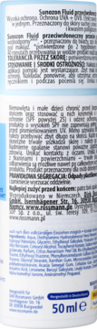 Tył białej butelki Sunozen Fluid 50 ml z filtrem UV. Widoczne ostrzeżenia, skład i dane producenta.