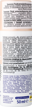 Tył białej butelki Sunozon Fluid przeciwsłoneczny 50 ml z polskimi instrukcjami i listą składników.