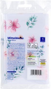 Tył opakowania białej Mitteldecki 80x80cm z kwiatowym wzorem: różowe kwiaty, zielone liście i kod kreskowy.