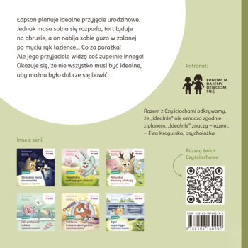 Tył zielonej okładki książki dla dzieci CzuCzu z polskim opisem fabuły, kodem QR i innymi okładkami serii.