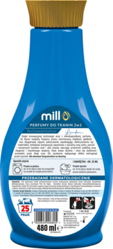 Tył niebieskiej butelki MILL Perfumy do tkanin London 2w1, 480 ml, ze złotą nakrętką i etykietą z opisem.