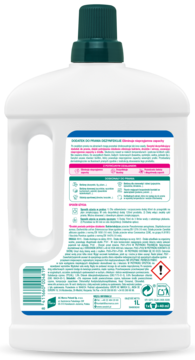 SANYTOL dezynfekujący do ubrań, tył białej butelki z zieloną nakrętką, widoczna etykieta z polskim tekstem i kodem.