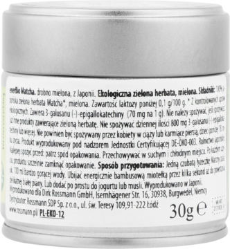Tył srebrnego słoika z ekologiczną mieloną herbatą matcha 30g, szczegółowe informacje o składzie.