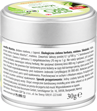 Tył metalowego pojemnika EnerBIO Ekologiczna zielona herbata Matcha, z etykietą instrukcyjną 30g, widok pod kątem.