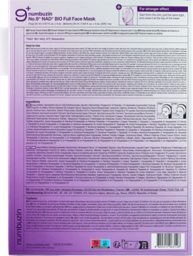Fioletowy tył maski numbuzin No.9 NAD+ BIO Full Face z tekstem i instrukcjami, widok z bliska.