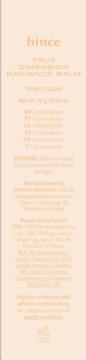 hince TRUE DIMENSION RADIANCE BALM TP001 CLEAR highlighter, tył opakowania. Widoczne szczegóły produktu i dane producenta.
